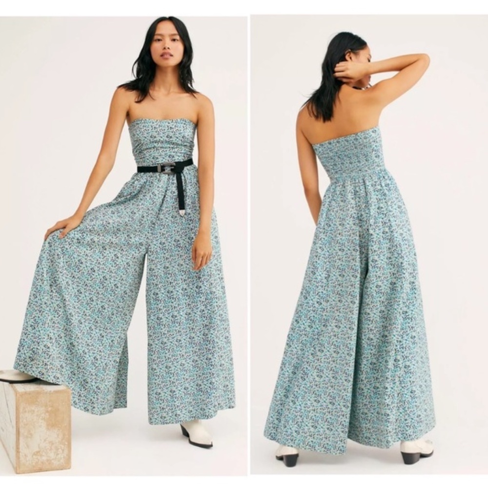 NWT Free People Mustang Strapless Ditsy Floral Wide Leg Jumpsuit Blue Size L